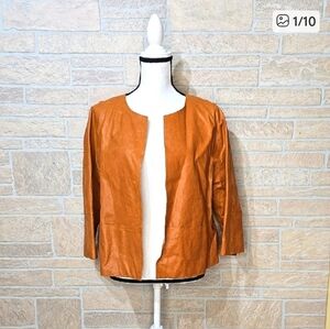 Lafayette 148 New York Caramel Leather Open Front Jacket 3/4 Sleeve Size 12